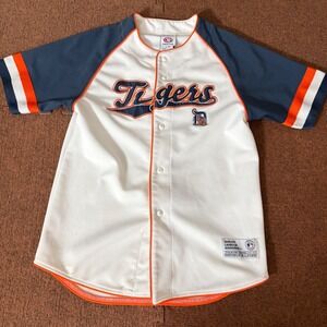 True Fan Detroit Tigers MLB Baseball Jersey Mens Large White Navy Orange Button